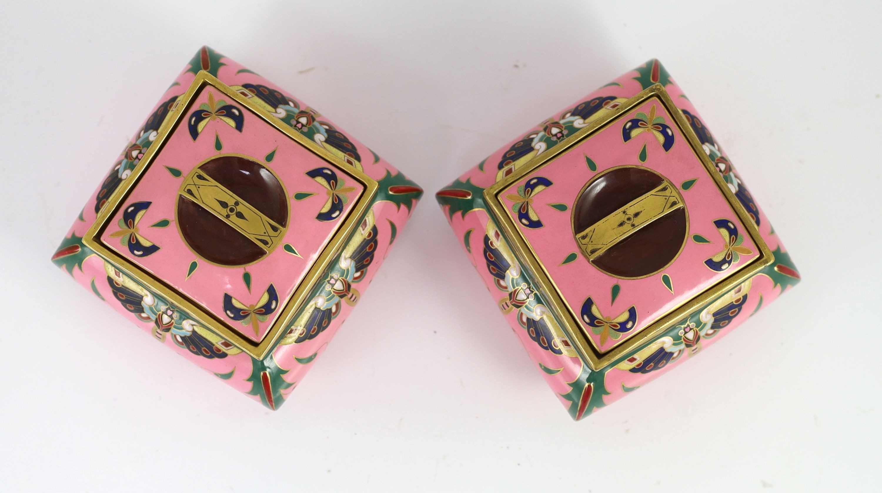 A pair of Minton pink ground square boxes and covers, c.1870, attributed to Christopher Dresser, 12cm wide